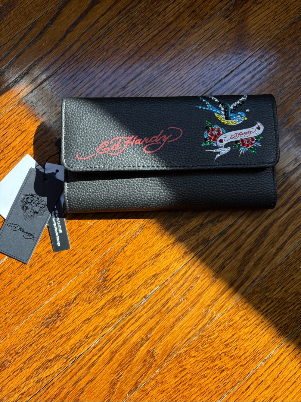 Ed Hardy Black Embroidered Leather Wallet with Swallow and Rose Motif